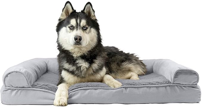 Furhaven Cooling Gel Dog Bed for Large Dogs w/ Removable Bolsters & Washable Cover, For Dogs Up to 95 lbs - Plush & Suede Sofa - Gray, Jumbo/XL