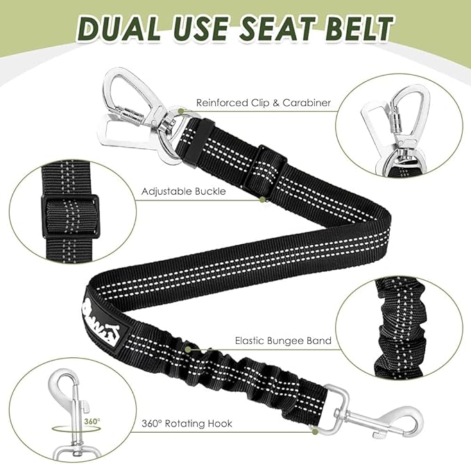 SlowTon Dog Seat Belt Harness for Car, Dog Car Harness Adjustable Mesh Breathable & Dog Seatbelt Safety Tether with Elastic Bungee for Small Medium Large Pets(Blue, Double Clip, M)