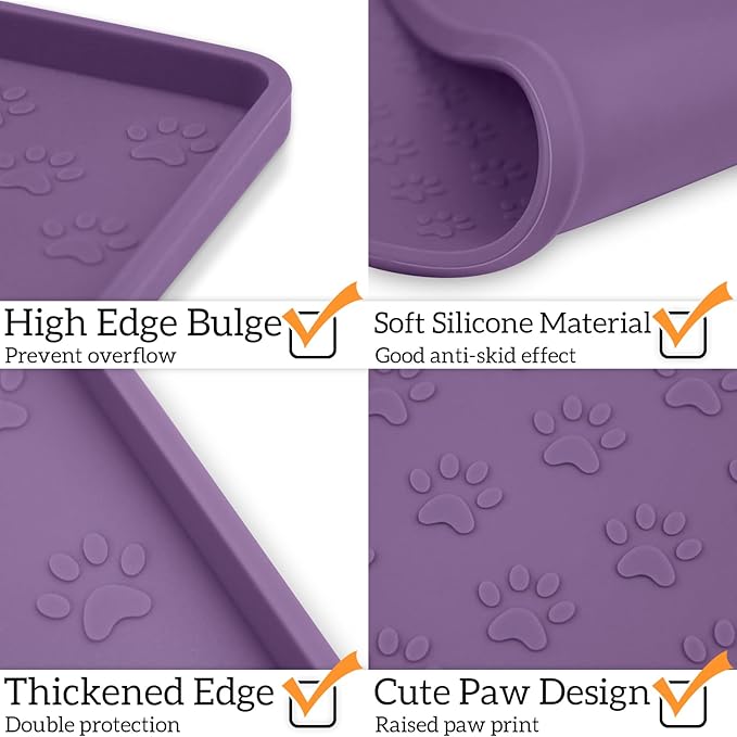 Ptlom Dog Food Mat Anti-Slip Bowl Mats for Food and Water, Waterproof Silicone Pet Placemat with High Raised Edges, Non-Slip Puppy Feeding Tray for Small, Medium Large Cats Dogs, Purple, 11.8"x11.8"