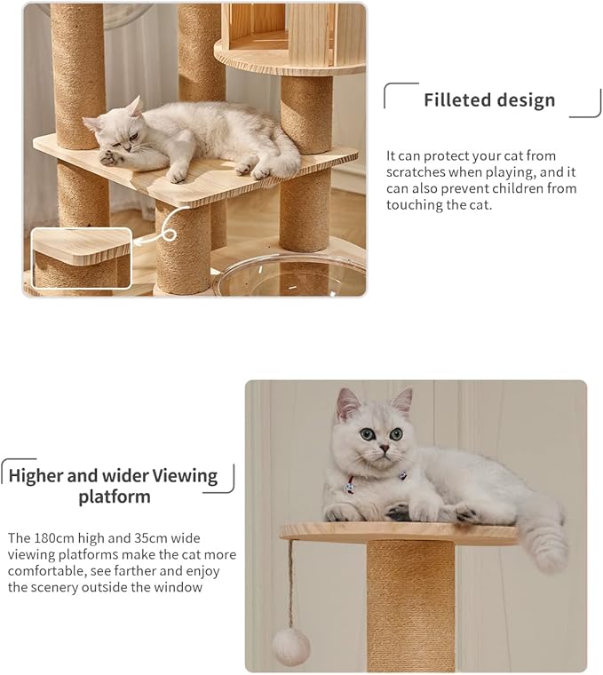 Modern Multi-Level Large Real Solid Wood Cat Tree, Luxury Wooden Cat Tower Cat Condo with Multi-Layer Platform for Indoor Cats