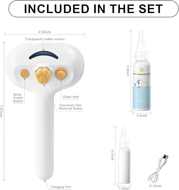 Pet Steam Brush for Dog & Cat – 3-in-1 Spray Hair Removal Comb – Steam for Shedding & Grooming – Water Brush for Long & Short Haired Pets – Spritz Defur Comb – Includes Waterless Shampoo