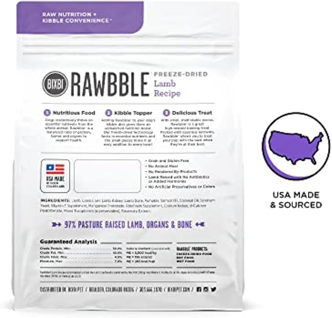 BIXBI Rawbble Freeze Dried Dog Food, Lamb Recipe, 4.5 oz - 97% Meat and Organs, No Fillers - Pantry-Friendly Raw Dog Food for Meal, Treat or Food Topper - USA Made in Small Batches
