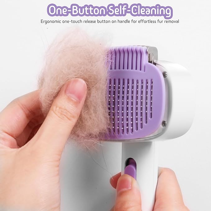 Self Cleaning Slicker Brush, 2-in-1 Cat Brush for Shedding, Skin Friendly Grooming Tool for Long & Medium-Long Hair Pets, Adjustable Bristle Length with Dematting Comb for Cats, Dogs (Purple)