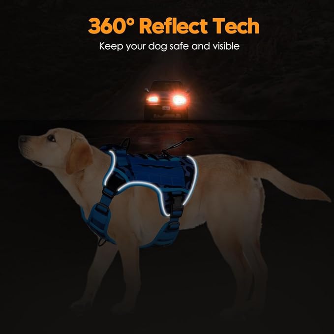 Heavy-Duty Tactical Dog Harness for Large Dogs, No Pull Adjustable Reflective Pet Vest with Molle System, K9 Military-Grade Control for Service Training, Outdoor & 10+ Breeds, Blue Camo, X-Large