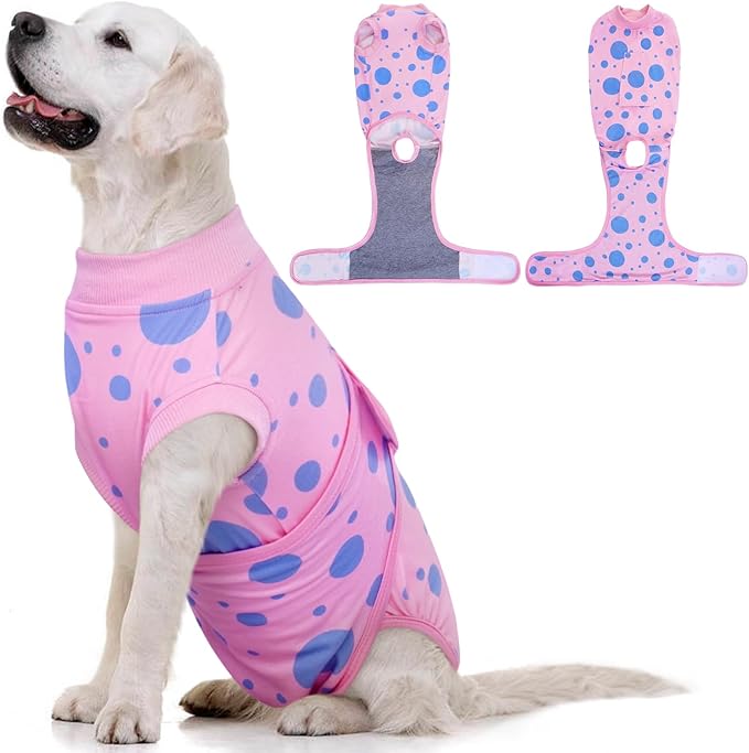 Kuoser Dog Surgery Recovery Suit, Anti Licking Pet Surgical Suit for Dogs Male Neuter, Female Dog Surgery Suit for Spay Subsititute E-Collar Cone, Dogs Body Suits After Surgery Pink Polka Dot 2XL