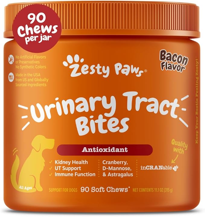 Zesty Paws Cranberry Supplement for Dogs - Bladder Control for Dogs - Urinary Tract Support - Cranberry Chews with D-Mannose, Vitamin B6 & L-Arginine - Immune & Gut Support - Bacon - 90 Count