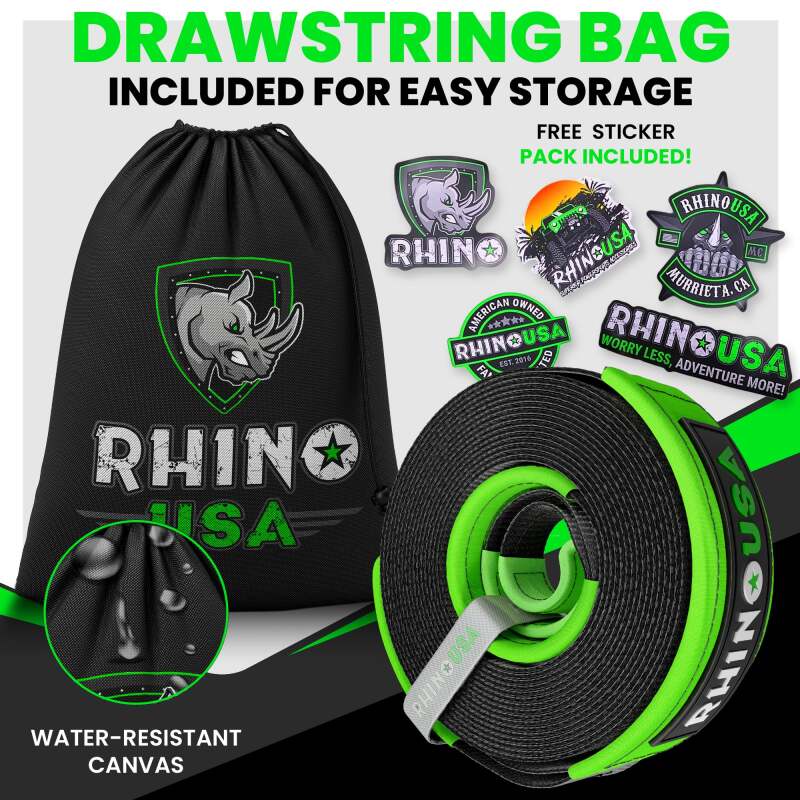 Rhino USA Recovery Tow Strap 3Inx20Ft (Green)