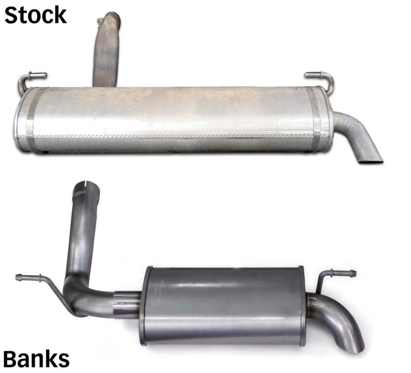 Comparative view of stock and Banks Power 18-22 Jeep Wrangler 3.6L 4 Door Monster Sport Exhaust Systems side by side, highlighting the performance upgrade with the Banks exhaust system.