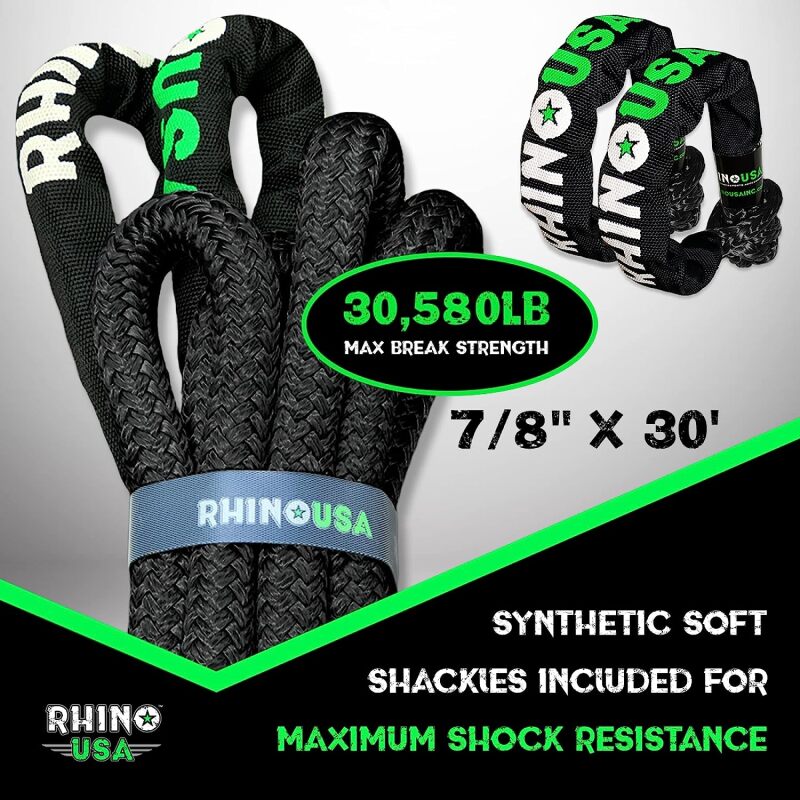 Rhino USA 7/8In X 30Ft Kinetic Rope Recovery Kit W/Soft Shackles (Black)