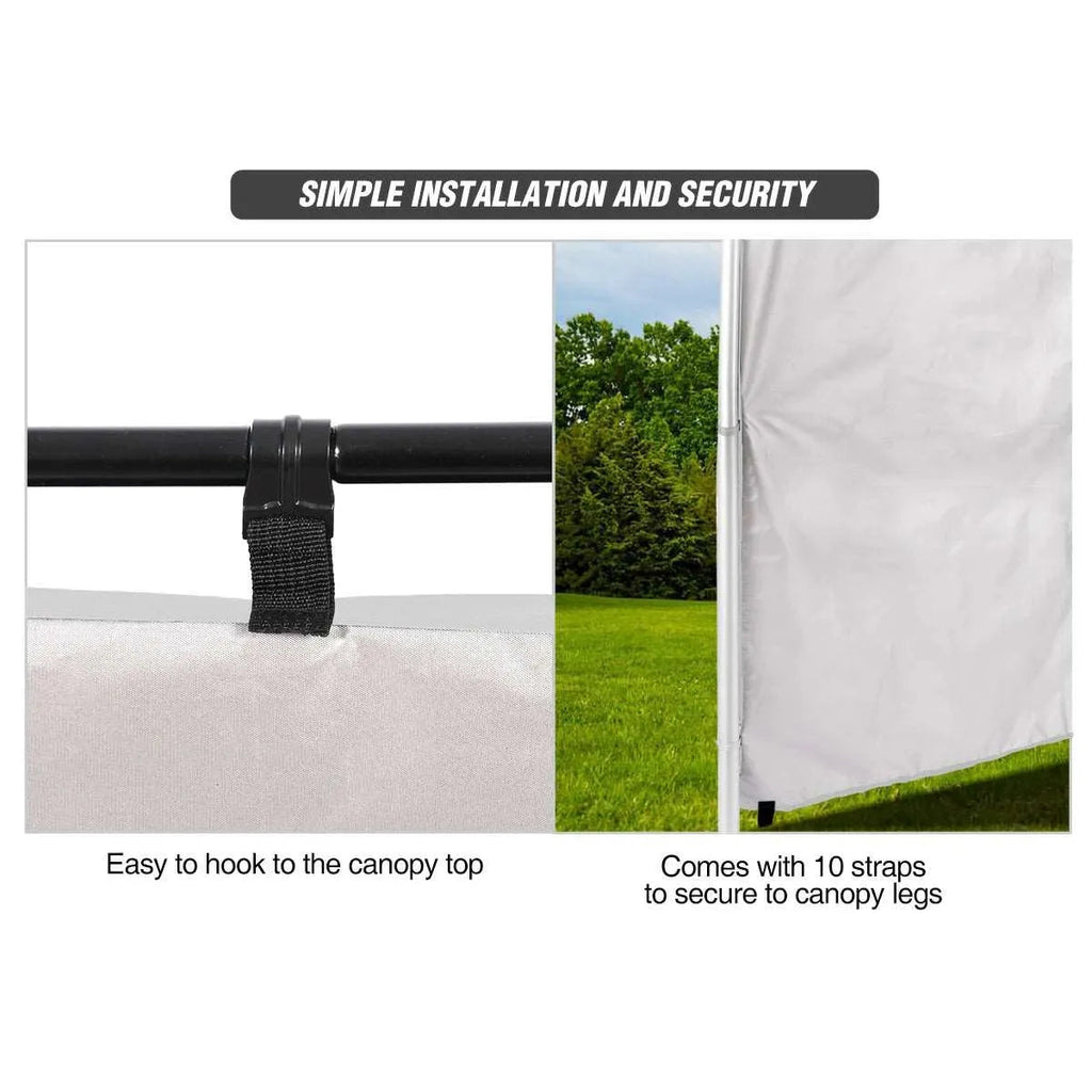 Installation process for the REDCAMP 10x6.2ft Instant Canopy Sidewall showing secure attachment to a canopy frame.