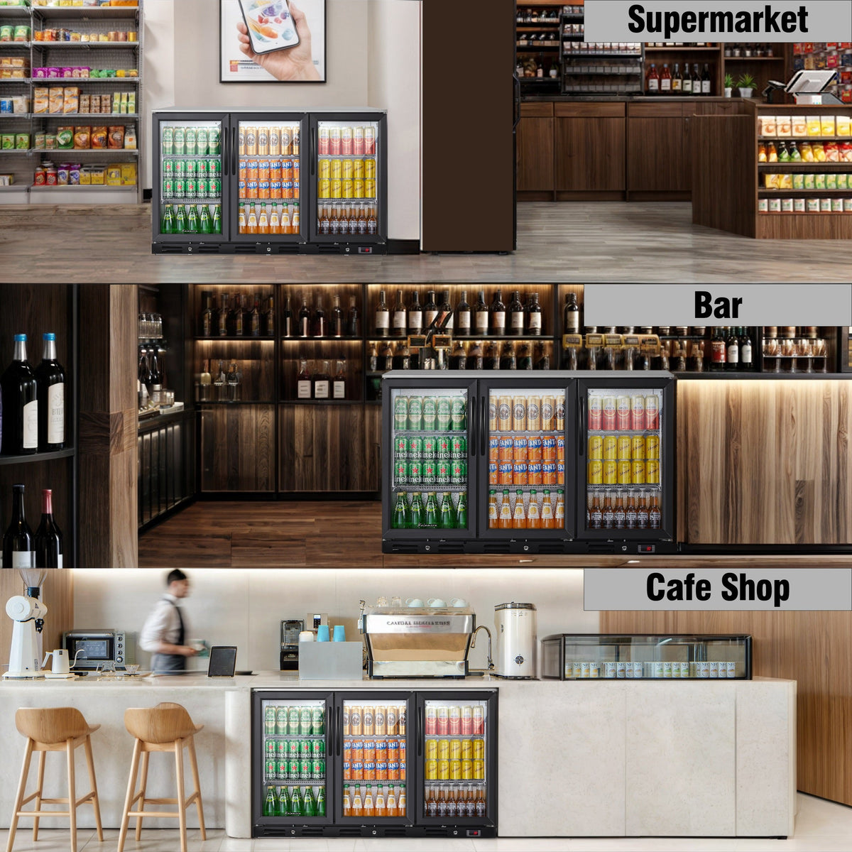 Kalamera three-door 11.2cu.ft back bar undercounter commercial beverage cooler