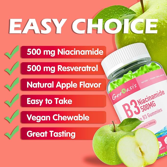 Niacinamide 500mg Gummies, Chewable Vitamin B3 Supplement with Resveratrol 500mg, High Potency Niacin for Antioxidant, Skin & Brain Health, Immune Support, Vegan Apple Flavor, 60 Count