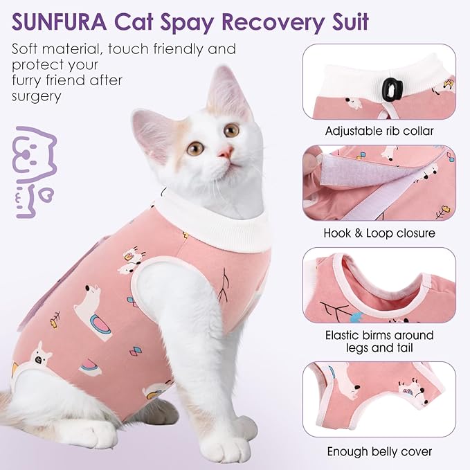 SUNFURA Cat Recovery Suit, Kitten Surgical Full Bodysuit for Abdominal Wound Protector Anti Licking After Surgery, Professional Bandages Cone E-Collar Alternative for Small Male & Female Pets