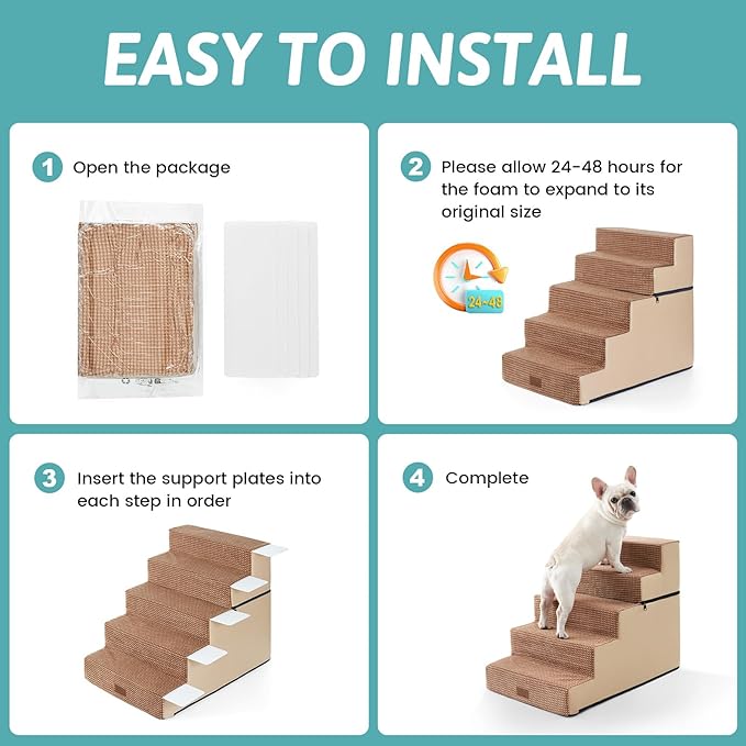 Dog Stairs for Small Dogs, 5 Tier Removable Wider Pet Stairs for Couch and Bed, 23.6" H Non-Slip Dog Steps for Puppies and Old Cats with Support Board, 29.5x19.7x23.6 inch, Light Brown