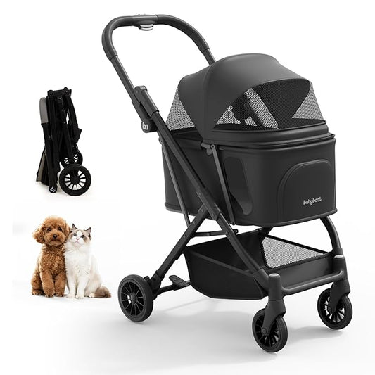 Lightweight Dog Stroller for Small Dogs & Cats Portable Compact Folded Pet Stroller Up to 35lbs Medium Pets One Click Folding Large Cat Carriage with Convertible Canopy Storage Basket-Black