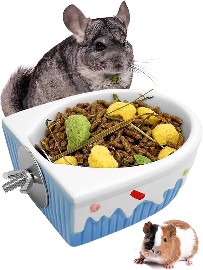 Chinchilla Food Bowl Ceramic Guinea Pig Cage Feeder Hanging Bunny Food Dish Small Animal Feeding Bowls for Syrian Hamster Ferret Gerbils (Blue)