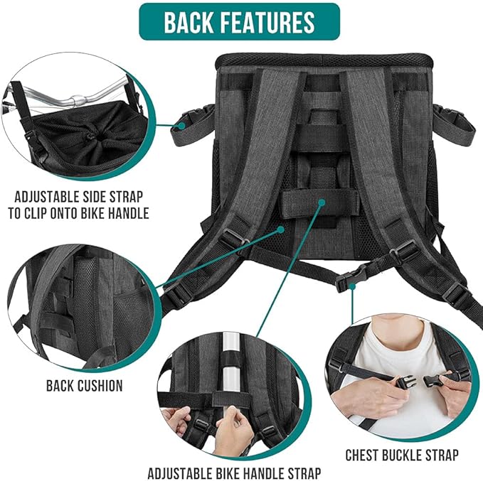 PetAmi Dog Bike Basket, Soft-Sided Ventilated Dog Bike Carrier Backpack, Pet Bicycle Basket for Bike Handlebar, Small Medium Puppy Cat Kitten Car Booster Seat with Safety Strap, Max 18 lbs, Dark Gray