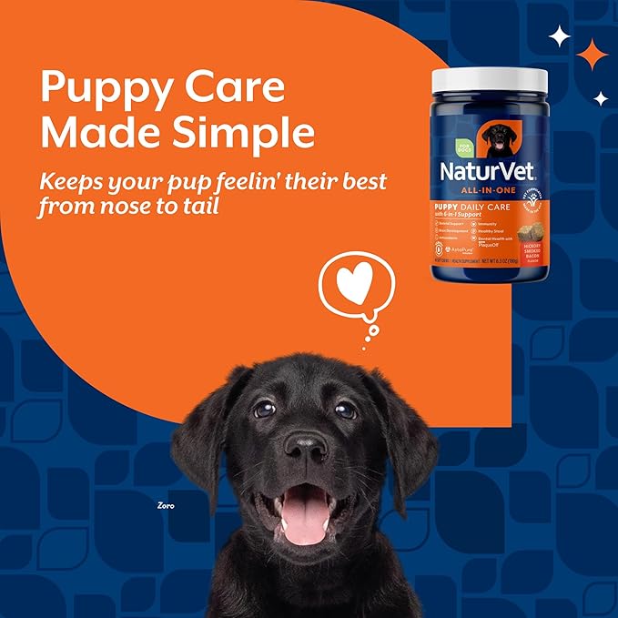 NaturVet All-In-One Puppy Daily Care, 6-In-1 Support Dog Soft Chews to Help Bones, Joints, Digestion, Teeth, Cognition, and More, Hickory Smoked Bacon Flavored Pet Supplement for Puppies, 60 Count Jar