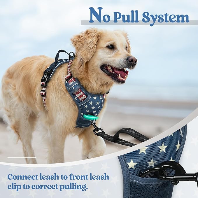 rabbitgoo Dog Harness No Pull with 2 Leash Clips, Adjustable Soft Padded, Reflective Oxford No Choke Pet Vest with Easy Control Handle for Large Dogs, Blue Star, L