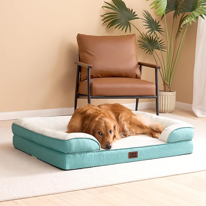 EHEYCIGA Orthopedic Dog Beds for Large Dogs, Waterproof Memory Foam Large Dog Bed with Sides, Non-Slip Bottom and Egg-Crate Foam Pet Couch Bed with Washable Removable Cover, Turquoise Blue