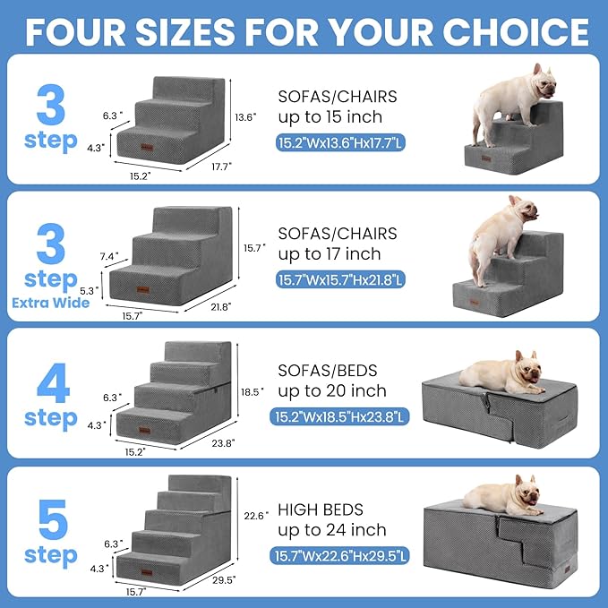 Dog Stairs for Small Dogs & Cats,3-Step Extra Wide Non-Slip Pet Steps for Couch Sofa and Chair,Grey,15.7" H