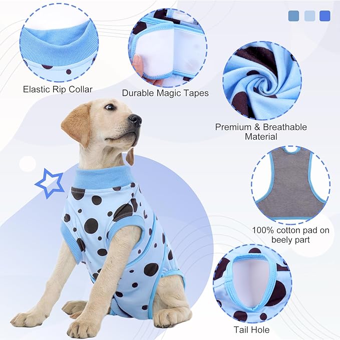 Kuoser Dog Surgery Recovery Suit, Anti Licking Pet Surgical Suit for Dogs Male Neuter, Female Dog Surgery Suit for Spay Subsititute E-Collar Cone, Dogs Body Suits After Surgery Blue Polka Dot 2XL