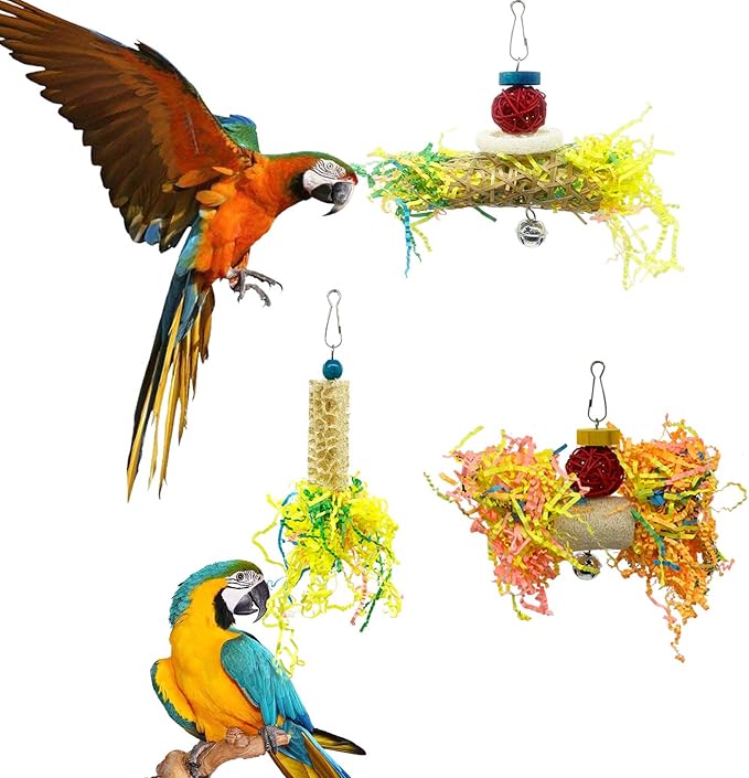 EBaokuup Bird Parrots Shredding Toys Parakeet Chewing Toys Bird Loofah Toys Parrot Cage Shredder Toys Bird Foraging Hanging Toys Bird Accessories for Parrots Lovebird Cockatiel Conure African Grey