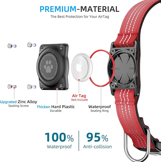Upgraded AirTag Dog Collar, IP68 Waterproof Air Tag Dog Collar Holder, Reflective, Ultra-Durable, Comfortable Padded, Heavy Duty Dog Collars for Small Medium Large Dogs (L (14.8"-20.3"), Red)
