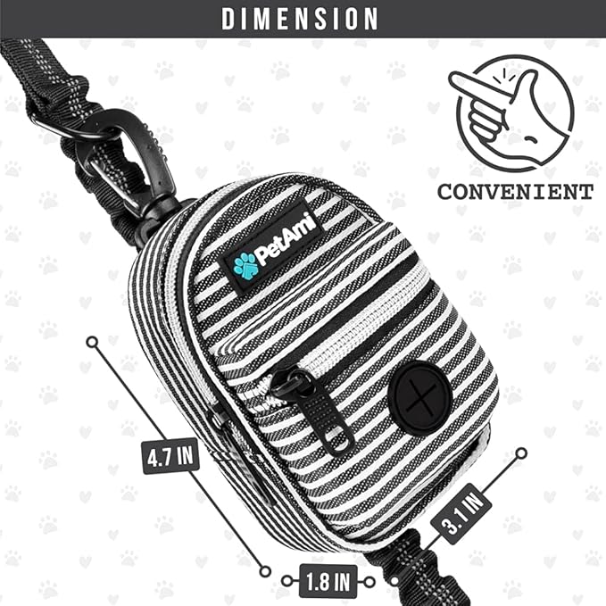 PetAmi Dog Poop Bag Holder for Leash, Dog Pet Waste Bag Dispenser For Poop With Clip, Doggy Puppy Walking Accessories Travel Camping, Dog Treat Pouch Supplies Must Have With Dog Bag Roll, Stripe Black