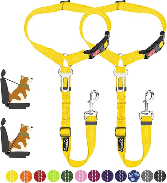 SlowTon Dog Seat Belt for Car, 2 Pack Dog Car Harness Seatbelt Adjustable with Elastic Bungee Buffer, 2 in 1 Pet Car Leash Headrest Restraint Dog Reflective Safety Tether (Yellow, Headrest+Clip)