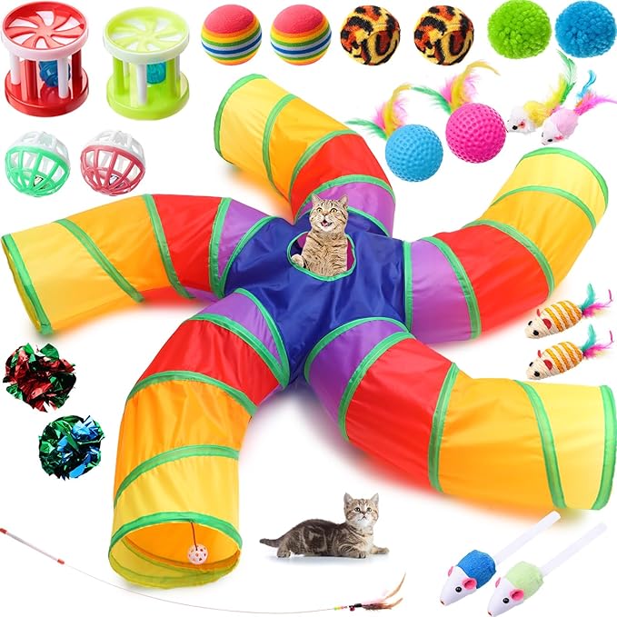 Poen 21 Pcs Cat Tunnel for Indoor Set Collapsible 5 Way Tubes with 20 Pcs Cat Kitten Toys Interactive Feather Toy Mouse Crinkle Balls Tube for Puppy Kitten Rabbit(Colorful)