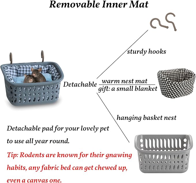 JWShang Rat Hammock for Cage, Chew Proof Hanging Basket Bed with Sturdy Hooks, Pet Cage Accessories, Safe Cozy Small Animal Rodent Hammock for Sugar Glider Mice Snuggling Sleeping