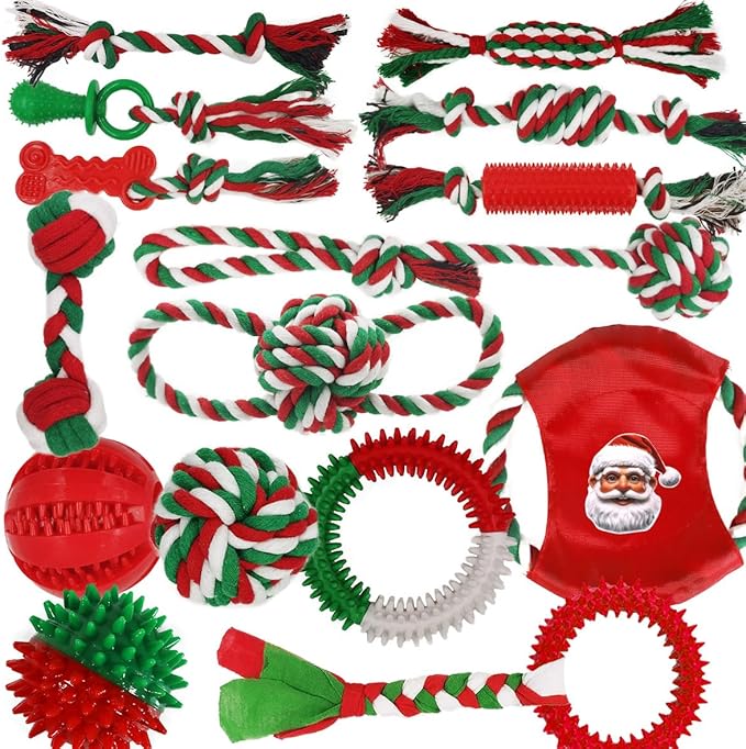 Dog Toys 15 Pack for Teeth Cleaning and Fun, Puppy Teething Chew Toys Tug Rope Squeaky Treat Balls & Rubber Tous Bulk– Variety Dog Gifts Set Reduce Anxiety & Save Furniture, Christmas