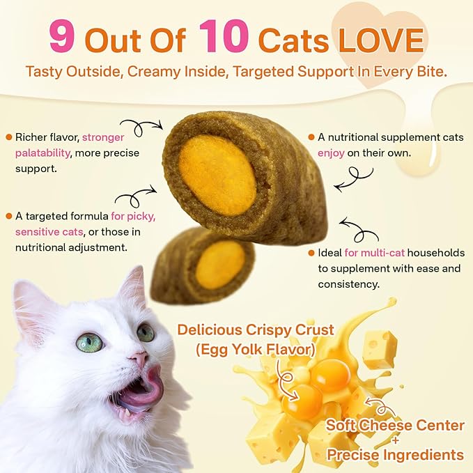 Cat Multivitamin - 500 Chews Crunchy & Creamy Cheese Core, Cat Vitamins + Taurine for 8-in-1 Support - Immune, Urinary, Heart, Skin & Coat, Eyes, Brain, Bone for Cats Kittens - Egg Yolk Flavor