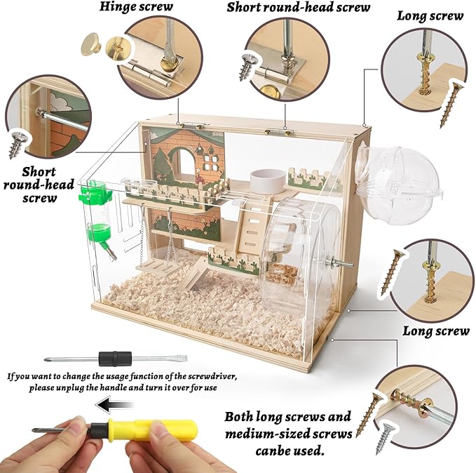 11 in 1 Wooden Hamster Cage with All Accessories, 15.8 Inch 3-Layer Dwarf Hamster Cage Acrylic,Small Animal Cages, Pastoral Style Mouse Cage for Pet Mice, Hedgehog, with Stairs, Fences and Swing