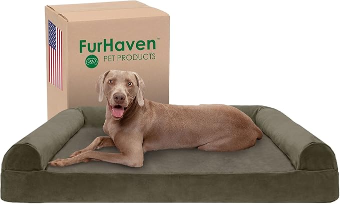 Furhaven Cooling Gel Dog Bed for Large Dogs w/ Removable Bolsters & Washable Cover, For Dogs Up to 125 lbs - Faux Fur & Velvet Sofa - Dark Sage, Jumbo Plus/XXL
