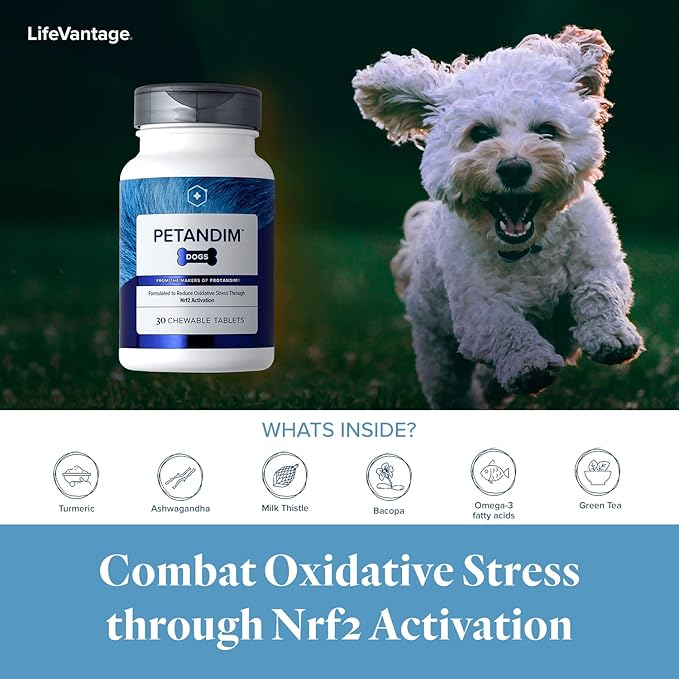 Petandim Dog Vitamins (30 Chewable Tablets), Antioxidants Reduce Oxidative Stress, Joint Supplement for Dogs, Skin and Coat Supplement, Omega-3 & Collagen for Dogs, Chicken + Bacon Flavor