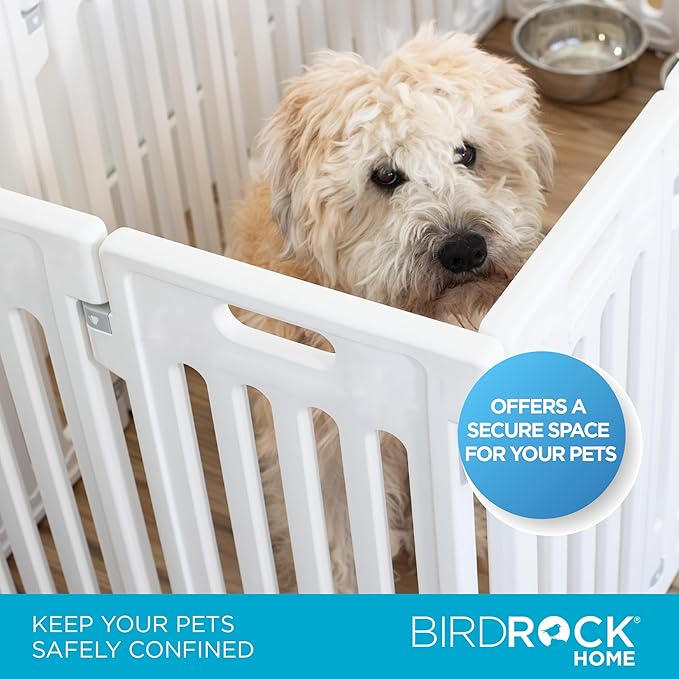 BIRDROCK HOME Dog Playpen w/Door, 16 Panel, 25.6in H | Strong Plastic, Non-Slip Puppy Playpen, Secure Pet Gate | Indoor Outdoor Fence | Configurable Panels | Medium to Large Pets - White