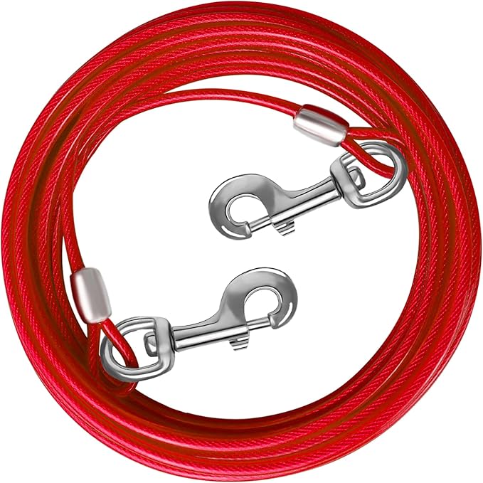 Dog Tie Out Cable 10/15/20/25/30 FT Runner for Yard Steel Wire Cable with Durable Superior Clips Red Chains for Outside Dog Lead for Large Up to 165 Lbs