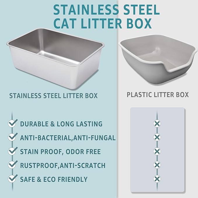 Stainless Steel Litter Box,XXL Metal Cat Litter Box for Big Cats 8IN Deep, Cat LitterBox High Sided Pet Toilet Easy to Clean,Cats Litter Pan for Adult Cats,Non Stick, No Smell