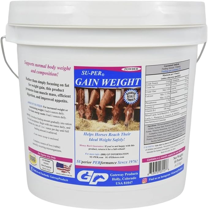 SU-PER Gain Weight for Horses - Equine Supplement Weight Gainer for Horses - Promotes Lean Muscle Mass, Digestion & Appetite - 10 Pound, 1 Month Supply