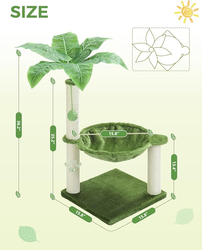 Small Cat Tree, 28" Cat Tower with Sisal Scratching Posts and Coconut Leaves for Indoor Small Cats, Large Hammock and Dangling Ball for Kittens, Green