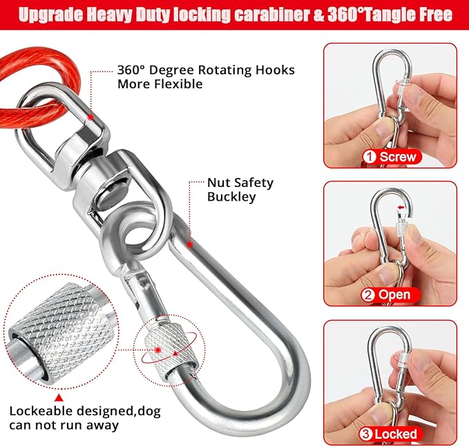 Jenico Dog Tie Out Cable, 10/15/20/30/40/50/70/100/150FT Runner Cable with Swivel Hook and Shock Spring, Yard and Camping Dog Leash Run Tether, Up to 500 LBS