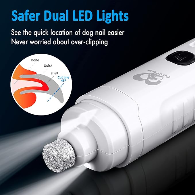 Casfuy Dog Nail Grinder with 2 LED Light for Large Medium Small Dogs - 3X More Powerful 2-Speed Electric Pet Nail Trimmer Rechargeable Quiet Painless Paws Grooming & Smoothing Tool (White)