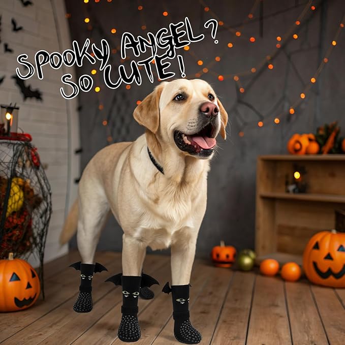 EXPAWLORER Halloween Anti Slip Dog Socks to Prevent Licking Paws, Boots & Paw Protectors with Grippers,Doggie Booties for Hardwood Floors for Small Medium Large Senior Dogs Costume Black Devil Wings M