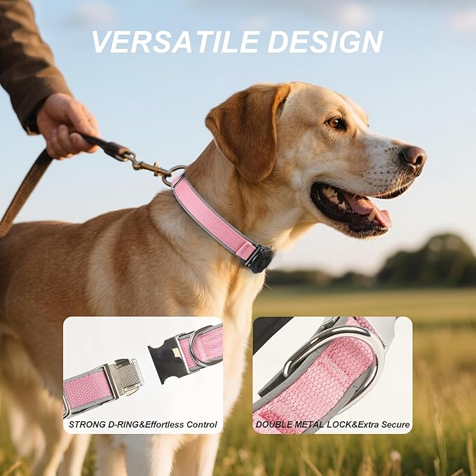 Waterproof Airtag Dog Collar - Nylon Collar with Durable Airtag Holder, Reflective&Anti-Lost with Safety Metal Buckle, Soft Padded Adjustable for Small Medium Large Dogs Pink S