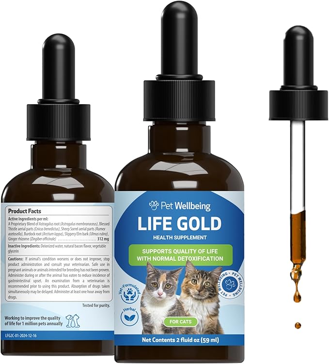 Life Gold for Cats - Supports Detoxification & Healthy Immune Defenses, Astragalus, Burdock, Sheep Sorrel - Pet Wellbeing Vet-Formulated Holistic Supplement – 2 oz (59 ml)