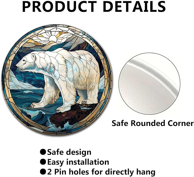 Lygond Metal Sign Tin Sign Circular Stained Glass Polar Bear3 Bar Signs For Home Bar For Yard 12×12 Inches