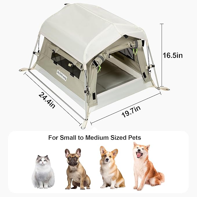 Dog Tent Cotton Fabric, Aluminum Poles and Camping Mat, Outdoor Weatherproof, Dog House Outdoor, Breathable with 2 Side Windows, Portable and Collapsible (Gray, Small)
