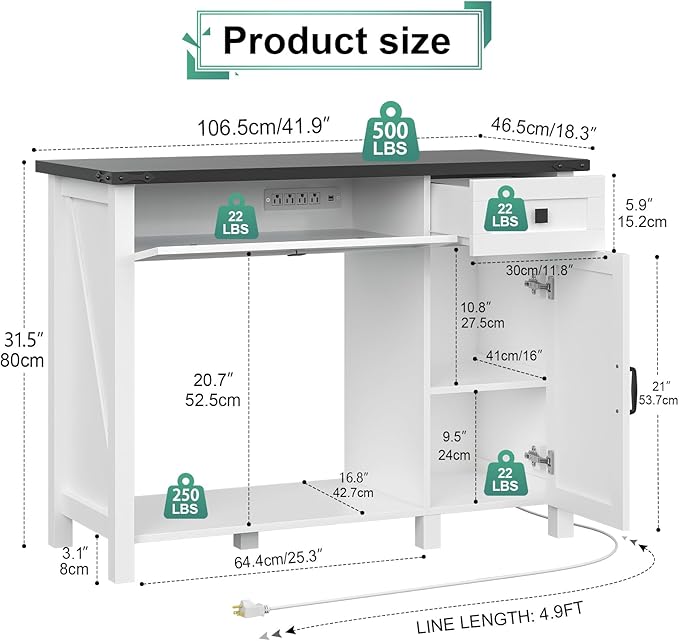 40 Gallon Aquarium Stand With Charging Station, Farmhouse Fish Tank Stand, Reptile Tank Stand Terrarium Stand with Drawer and Cabinet Storage, Sturdy Heavy Duty 41.9"×18.3" Tabletop - White